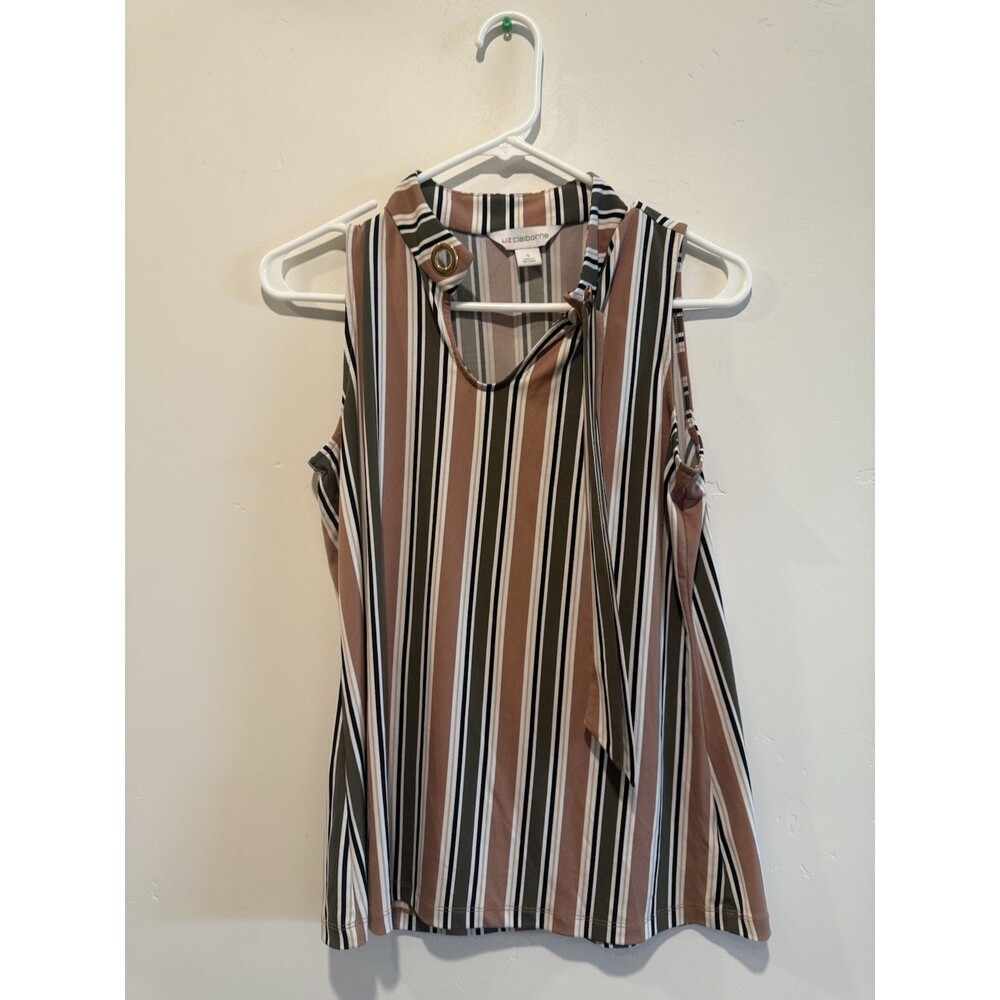 Liz Claiborne Career Sleeveless Bow Keyhole Top Sz s Green/Brown Striped